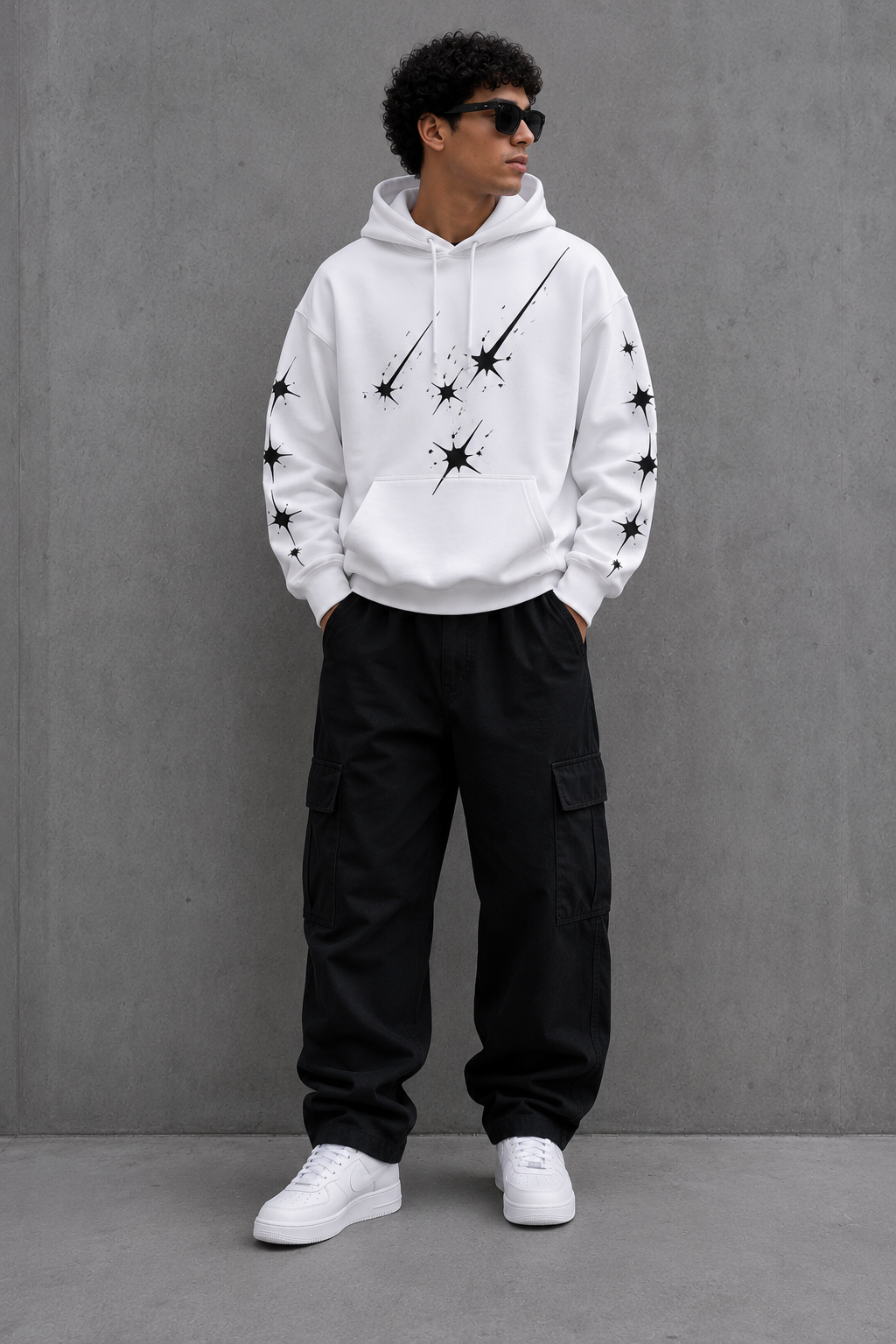 Outfit completo con Canguro Oversize Blanco KYROS